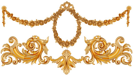 Gold ornament on transparent background, cut out, 3D render