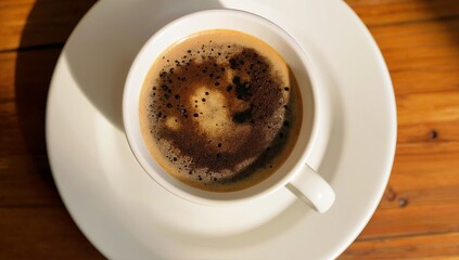 Aromatic Coffee in White Cup on Wooden Table