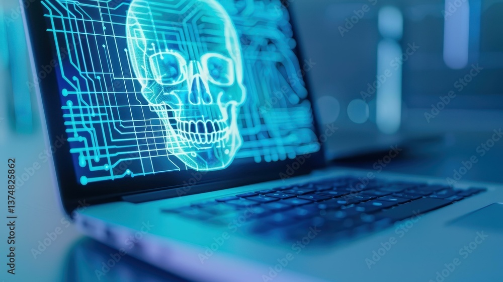 Poster a laptop and smartphone showcase tech with a skull and circuit overlay, representing malware and ran