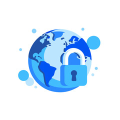Global cybersecurity concept: blue earth with padlock icon symbolizing internet protection