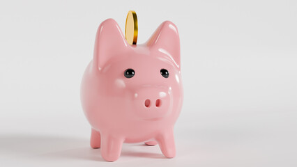A 3D render of a pink piggy bank with a gold coin, suitable for a wide range of applications, from educational materials to advertising campaigns.