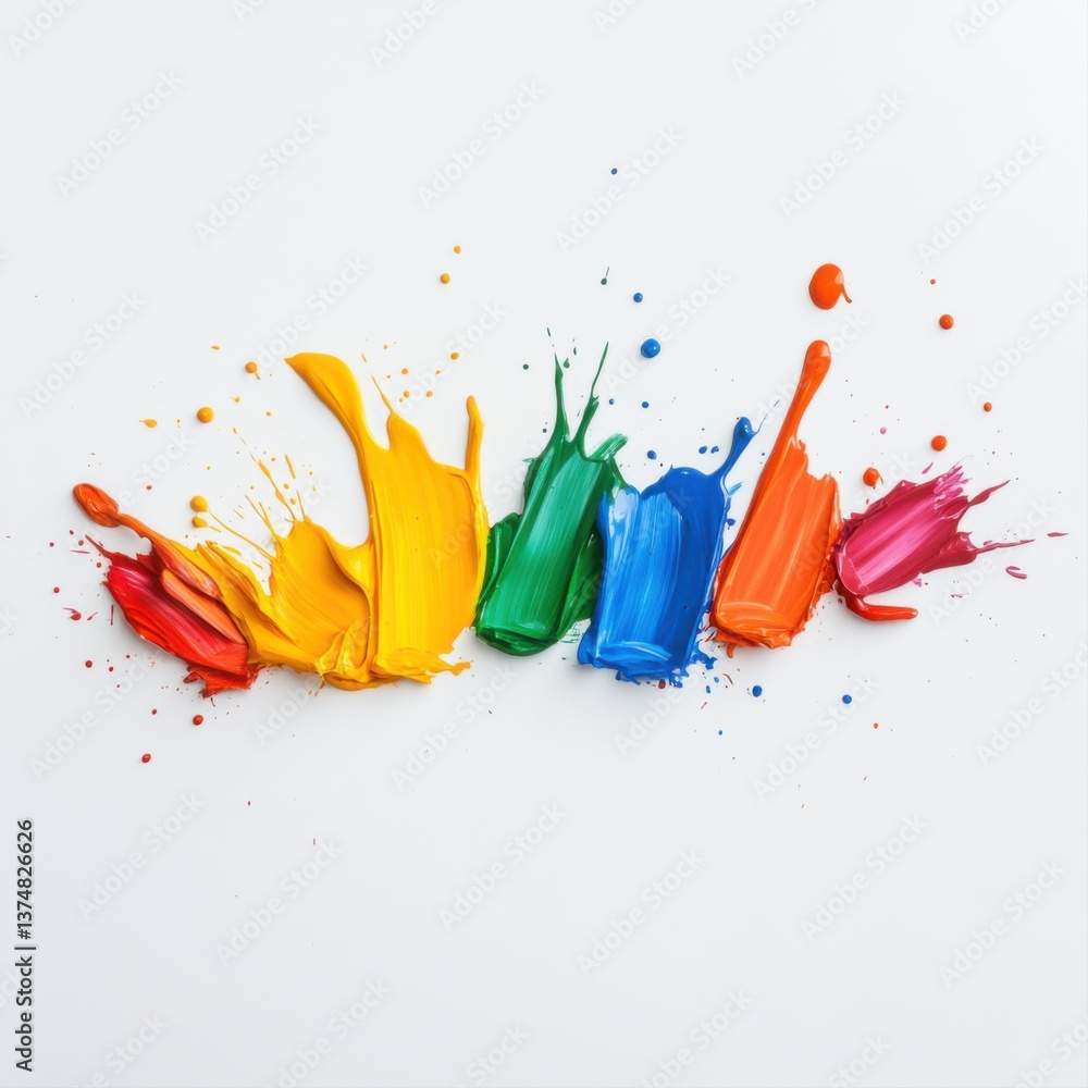 Poster vibrant splashes of colorful paint on a white canvas background for artistic expression and creativi