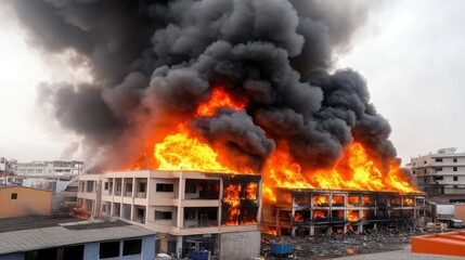 Intense Fire Engulfs Building with Thick Smoke Rising Dramatically Against a Grey Sky in Urban Environment