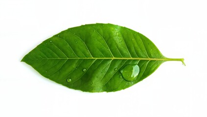 Obraz premium Fresh Green Leaf with Water Droplets on a White Background