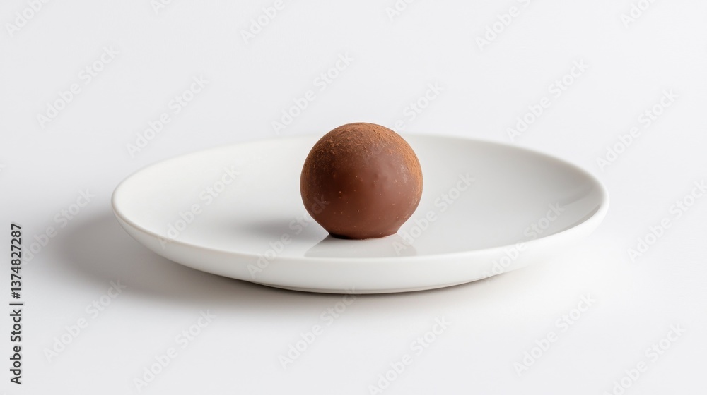 Poster single chocolate truffle on a white plate. the truffle is round and smooth, with a smooth surface an