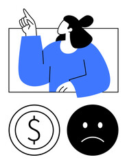 Female character pointing upward, dollar sign in a circle, and sad face icon. Ideal for finance, decisions, emotions, awareness, problem-solving payments caution. Flat simple metaphor
