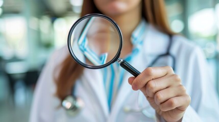 A doctor examines symptoms with a magnifying glass, showcasing meticulous care in medical diagnostics and health checks.