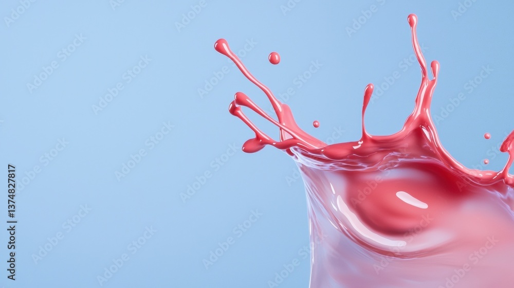 Poster close-up of a splash of red liquid on a light blue background. the liquid appears to be in motion, w