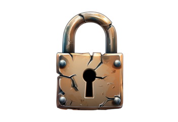 A cracked metal padlock isolated on transparent background