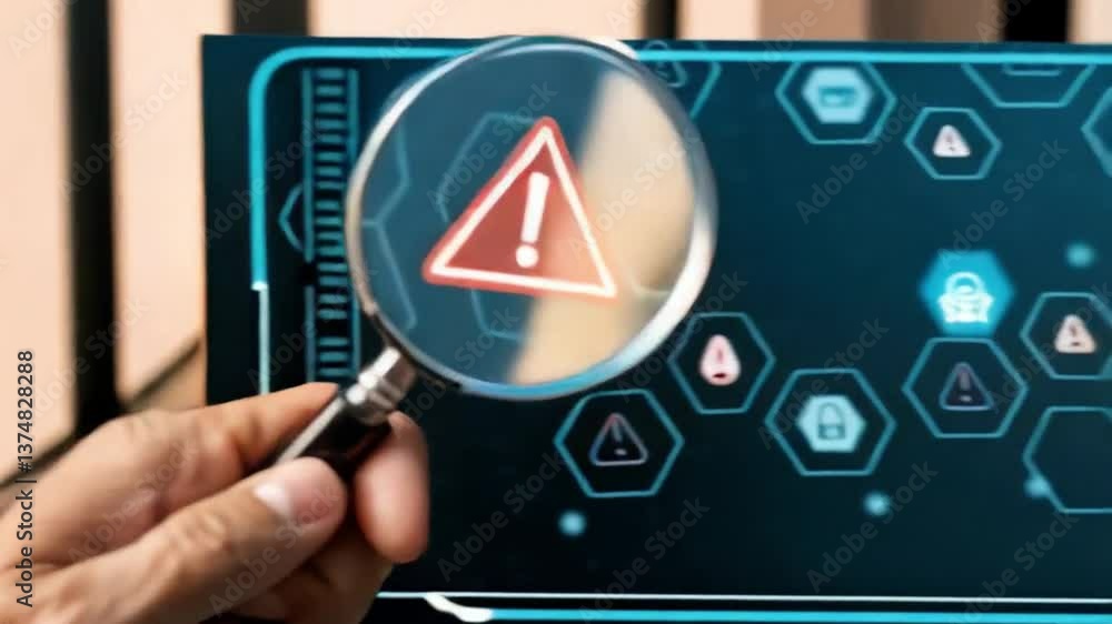 Poster hand holding magnifying glass over red exclamation mark icon on digital display screen view