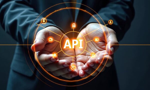 API Application Programming Interface concept, Man holding virtual screen of API icon Software development tool.


