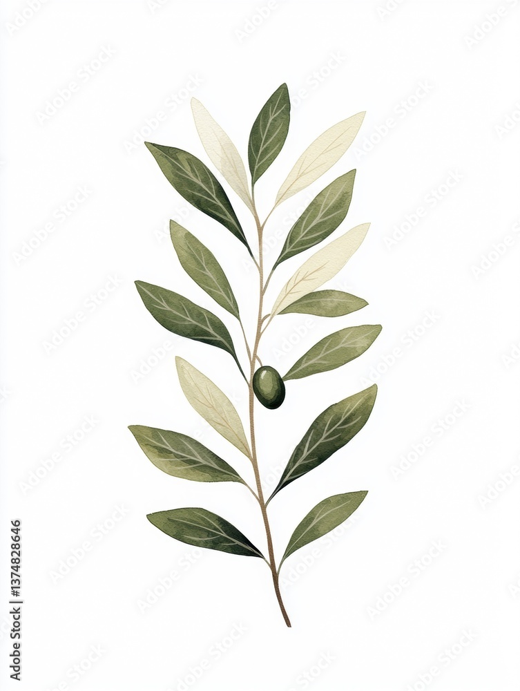 Poster digital illustration of a branch of an olive tree. the branch is made up of multiple leaves of diffe