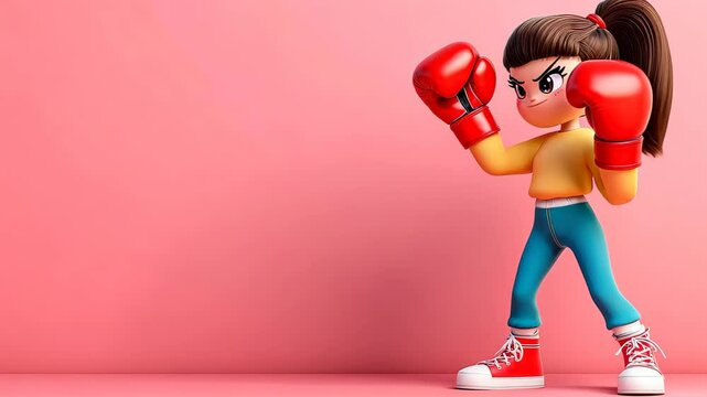 Celebrate the fight against breast cancer with a cute cartoon girl in boxing gloves, promoting awareness on a pink backdrop.