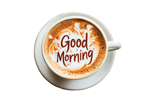 Coffee cup with latte art displaying the message good morning isolated on transparent background