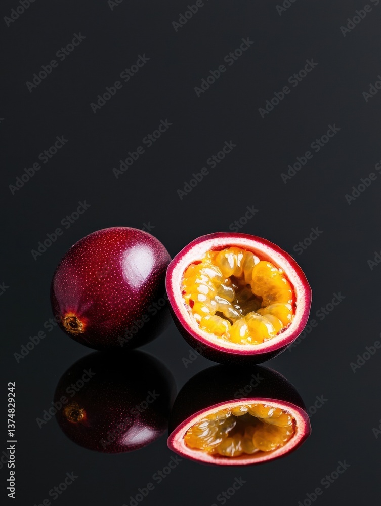 Poster close-up of a red passion fruit on a black background. the fruit is placed on the left side of the i