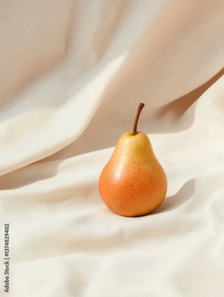 Poster close-up of a single pear on a white fabric background. the pear is in the center of the image, with