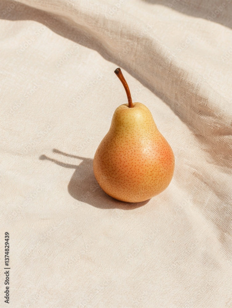 Poster close-up of a pear on a beige fabric background. the pear is in the center of the image, with its st