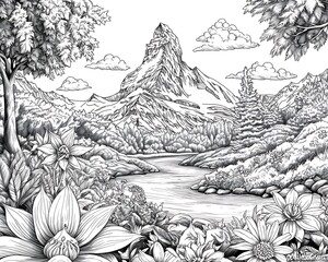 Swiss Alps River Landscape Sketch.