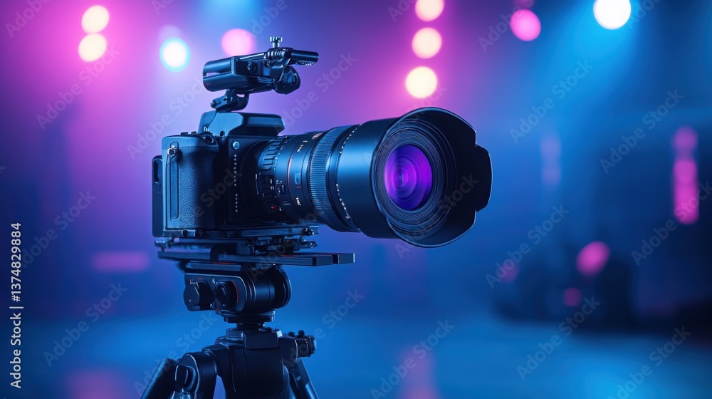 Poster professional dslr camera on tripod with colorful lights in background for photography and videograph