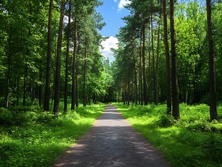 Fototapeta premium Sunlit Forest Path with Summer Walk.