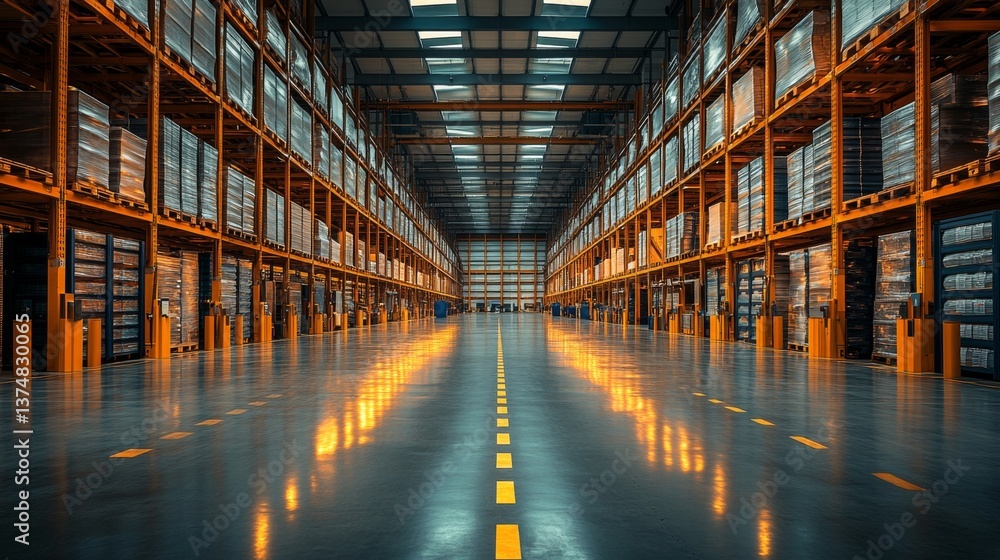 Poster Large warehouse features neatly stacked pallets along both sides, creating a central pathway. Bright overhead lights enhance visibility for efficient logistics operations.