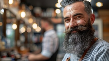 Bearded man smiling in a bustling barbershop while getting groomed with a trimmer