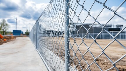 Obraz premium Chain Link Fence in Industrial Area with Clear Blue Sky and Cloudy Weather for Various Construction Projects