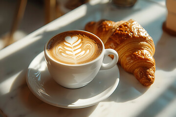 parisian cafe scene, a heart-shaped latte on a white table with a croissant in a paris cafe, captured in golden hour light in a close-up shot