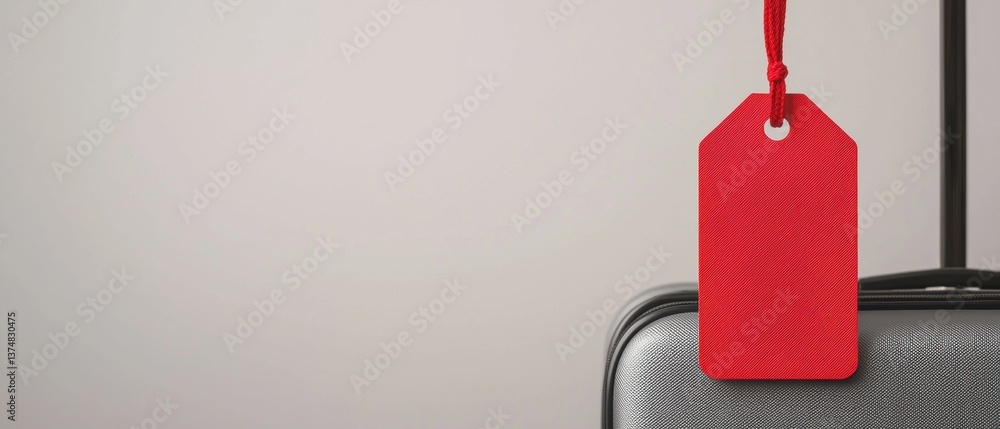 Poster red luggage tag hanging from a red string attached to a black suitcase. the tag is rectangular in sh