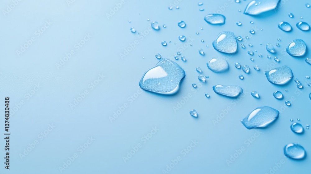 Poster water droplets on light blue background creating a refreshing and relaxing atmosphere for your proje
