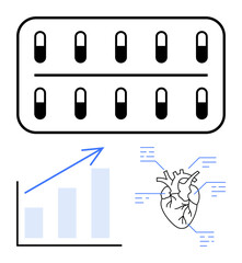 Capsule blister pack, anatomical heart with labels, and upward growth chart. Ideal for healthcare, medicine, cardiology, treatment, research progress and prevention concepts. Flat simple metaphor