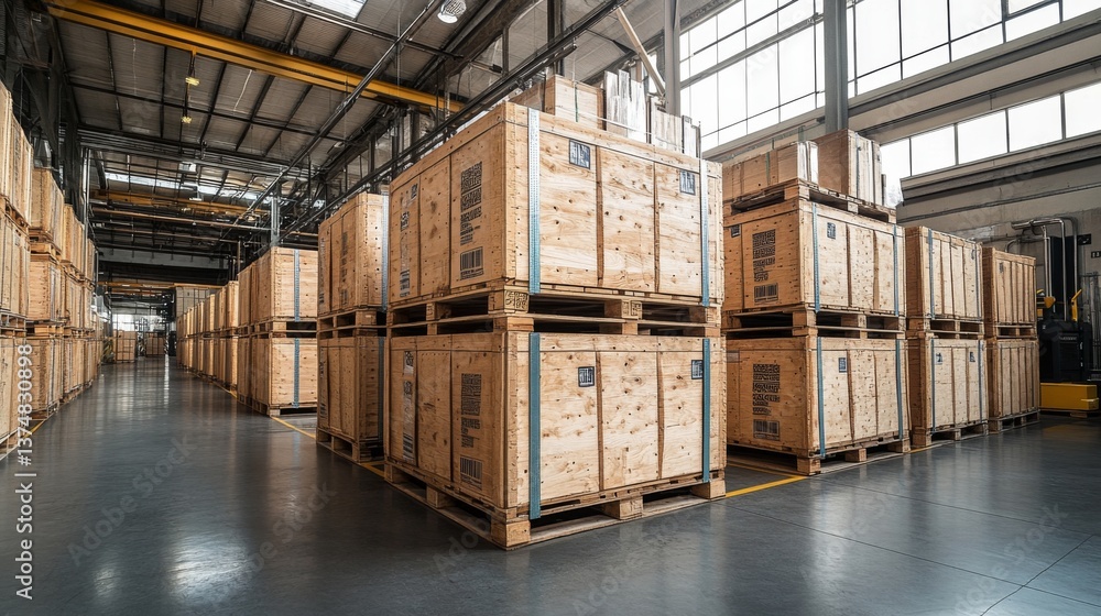 Aufkleber Rows of wooden crates are neatly arranged in a spacious warehouse designed for logistics and distribution. The area is well lit, promoting efficient inventory handling.