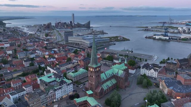 Aarhus, Jutland, Denmark - Aerial Drone View in Evening Twilight at City Center with Domkirke Cathedral.