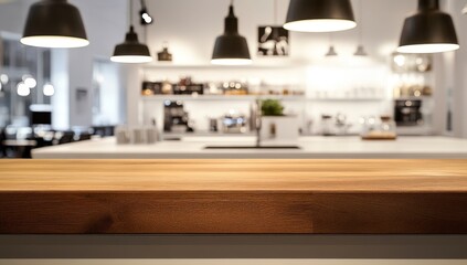 Empty Wooden Countertop in Modern Coffee Shop