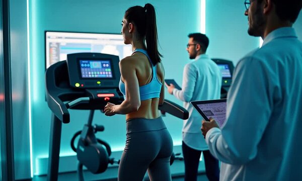 Female Athlete Performs a Cardiopulmonary Exercise Test on a Treadmill in a Modern Medical Lab


