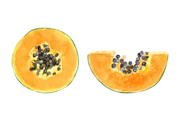 A fresh papaya slice with seeds watercolor illustration set isolated on white. The hand-painted tropical fruit clip art is perfect for culinary designs, labels, prints, cards, packages and menu