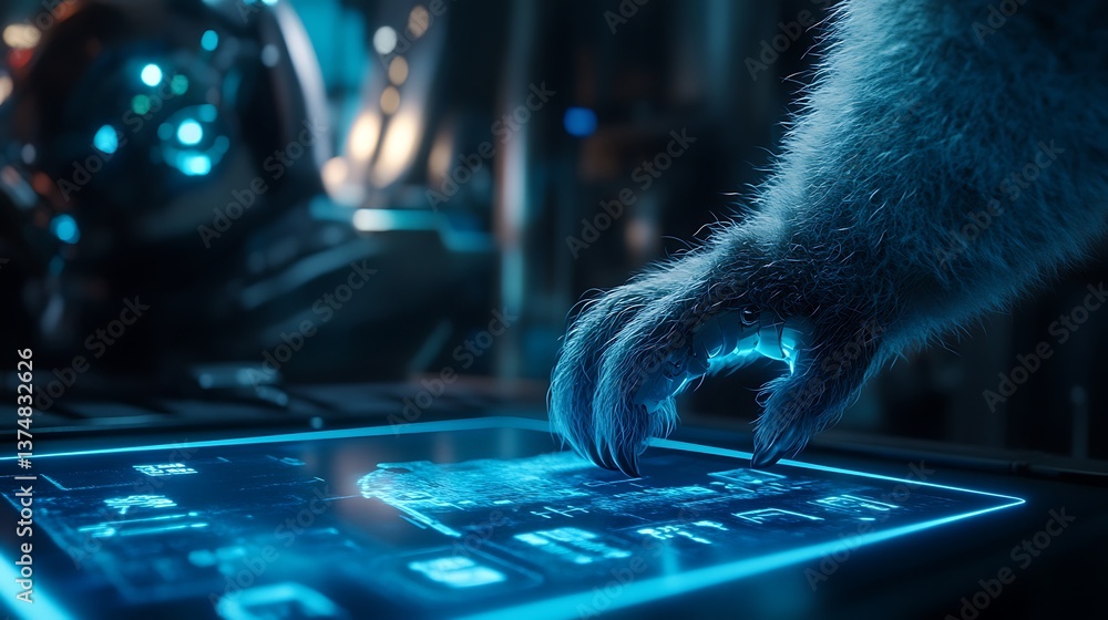 Aufkleber a close-up of a furry hand interacting with a futuristic, glowing control panel filled with digital 