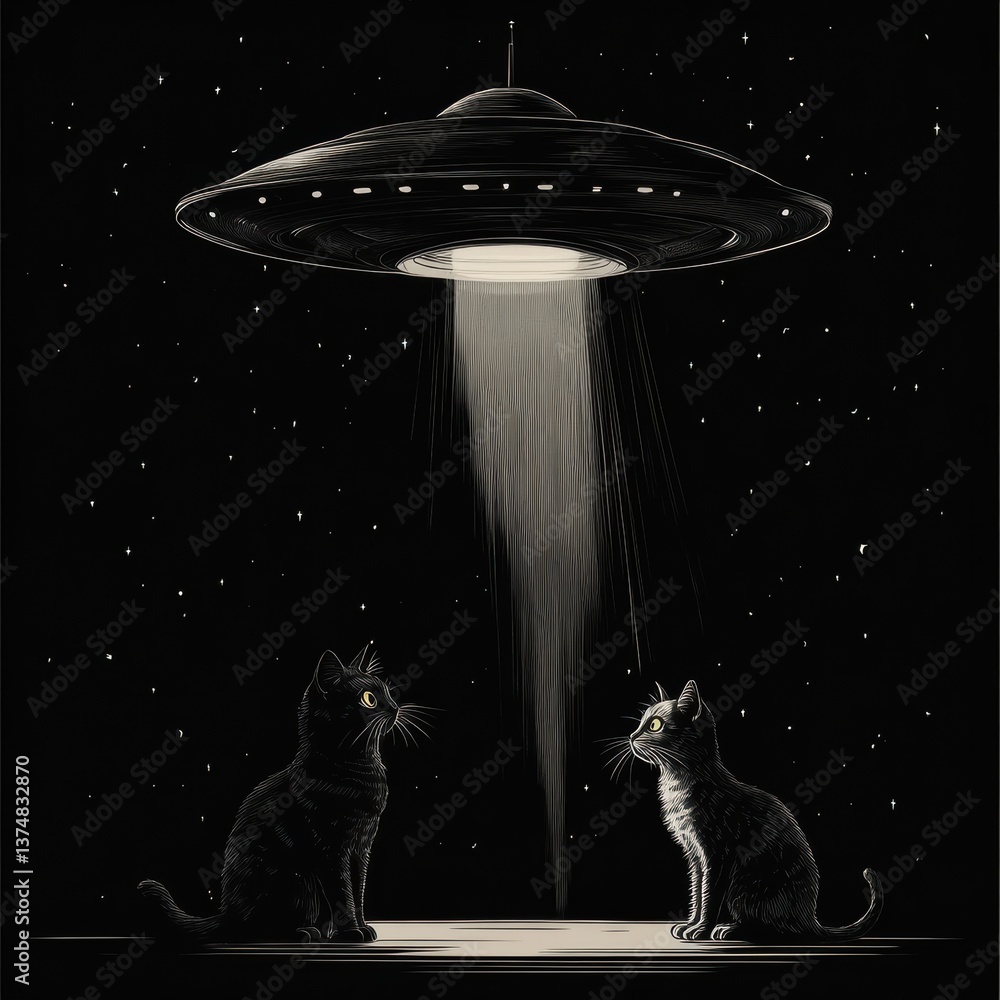 Poster funny ufo character with glowing eyes abducting a curious cat in style generative ai