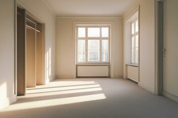 Obraz premium Empty sunlit room with large window and open closet, perfect for real estate listings or interior design showcases