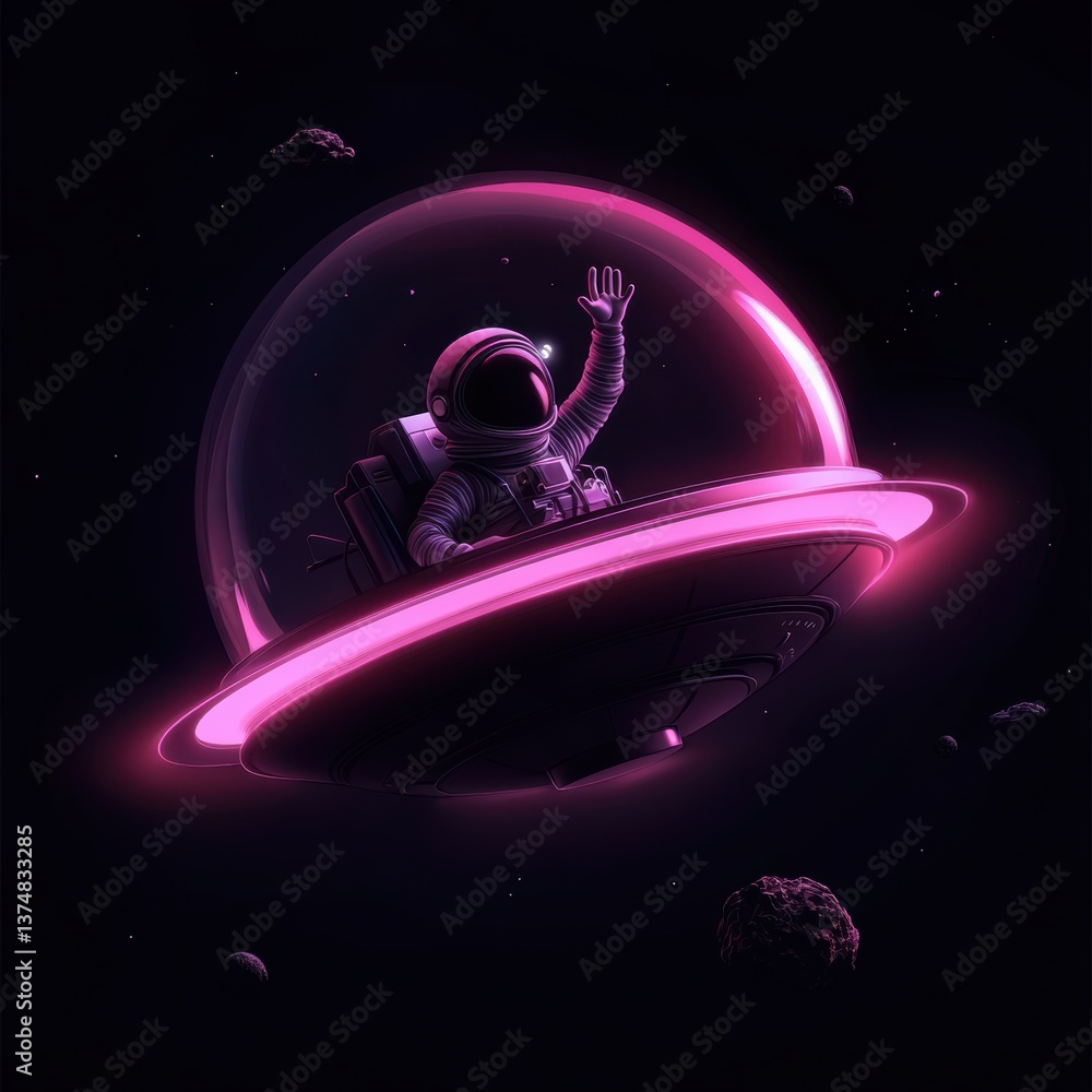 Poster tiny alien waves joyfully from vibrant spaceship above earth in neon glow generative ai
