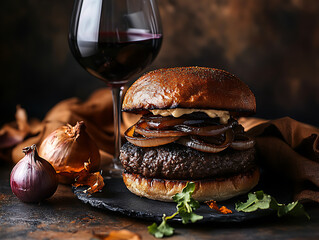 Close-up photo of a delicious beef burger and wine in a glass