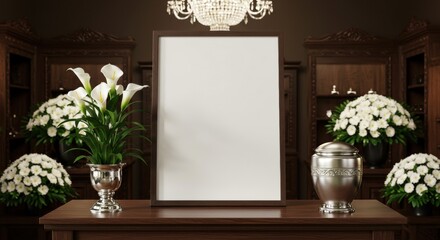 Memorial display with flowers and urn in somber setting