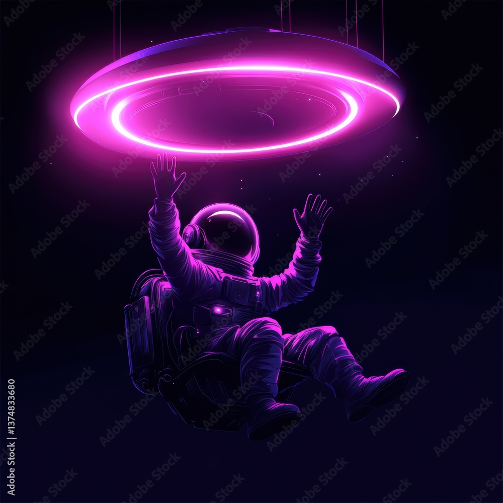 Poster friendly robot waves from a vibrant ufo in a cosmic journey through the stars generative ai