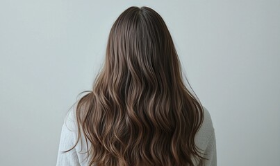 Fototapeta premium Back View of Woman with Long Brown Dry and Frizzy Hair Needing Treatment and Care