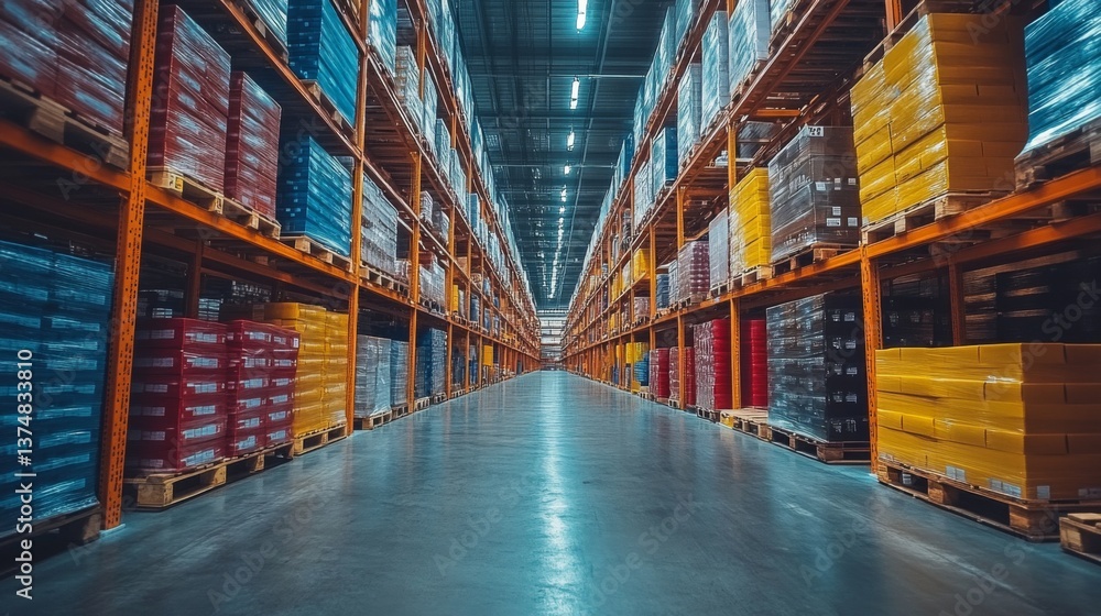 Aufkleber wide aisles in a logistics warehouse feature neatly stacked pallets of various cargo. the organized 
