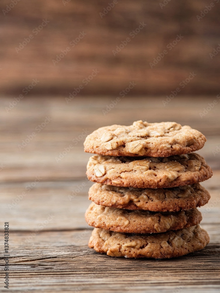 Poster stack of four cookies on a wooden surface. the cookies are round and golden brown in color, with a c