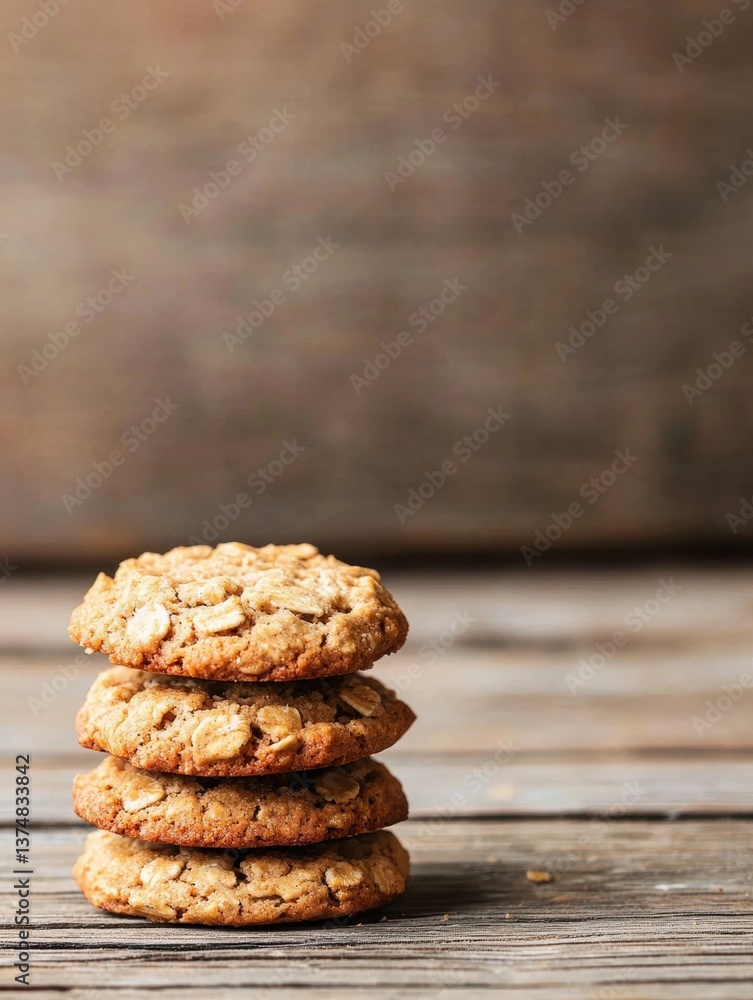 Poster stack of four cookies on a wooden surface. the cookies are round and golden brown in color, with vis
