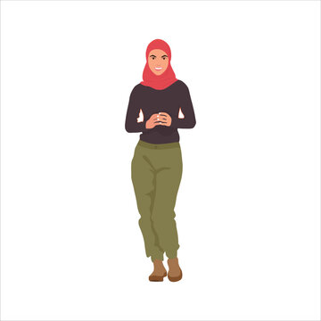 Vector illustration of woman in hijab in cartoon flat style. Collection of stylish mosleem business person, female in trendy clothes isolated on white
