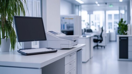 Modern Office Workspace with Computer, Printer, and Green Plant on a Desk in Bright, Minimalist Environment