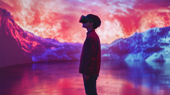 Interactive digital technology, teenager explores world using VR headset, experience virtual reality